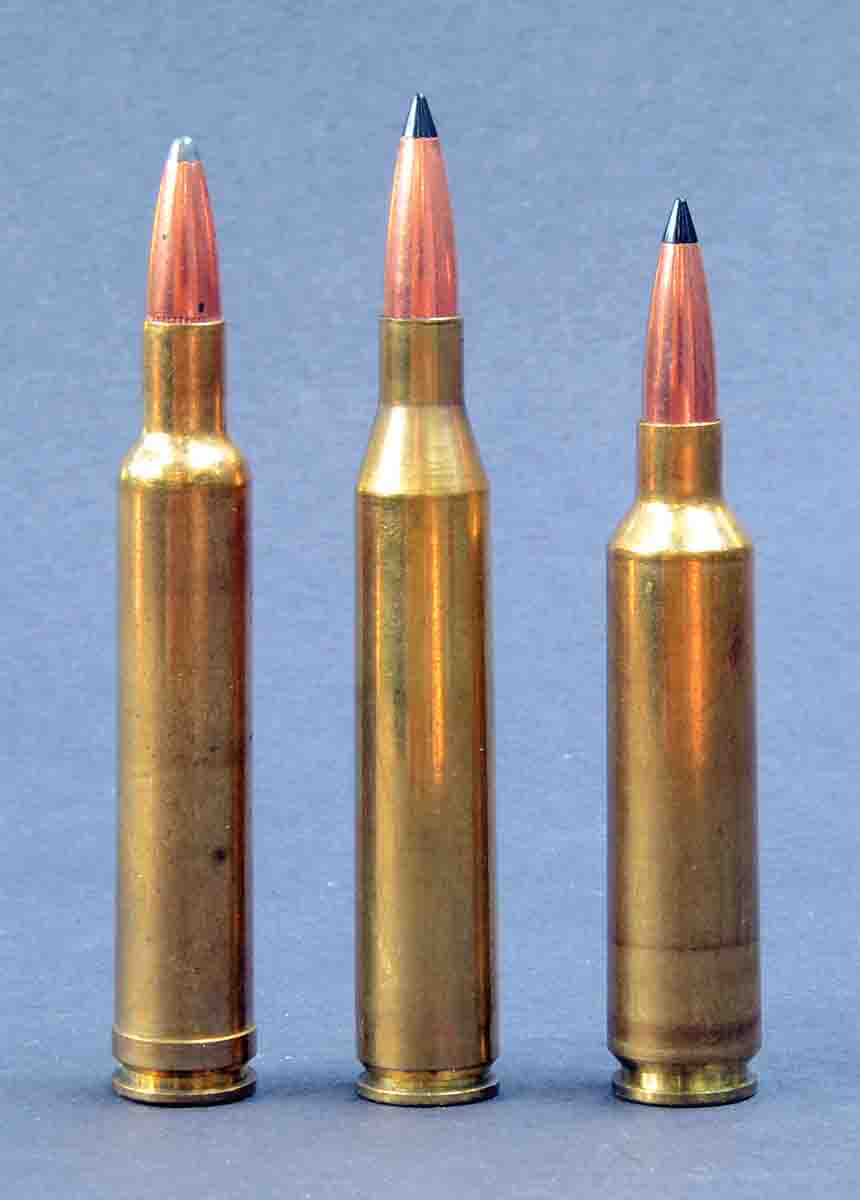 Water capacity of the the 6mm-06 case (center) is about 3 grains more than the .240 Weatherby Magnum (left) and a grain more than the 6mm-284 (right).